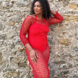 Red Crochet Fringe Long Sleeve Dress