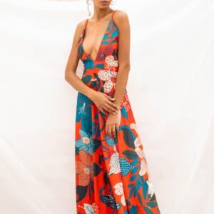 Red Tropical V-Neck Strap Dress