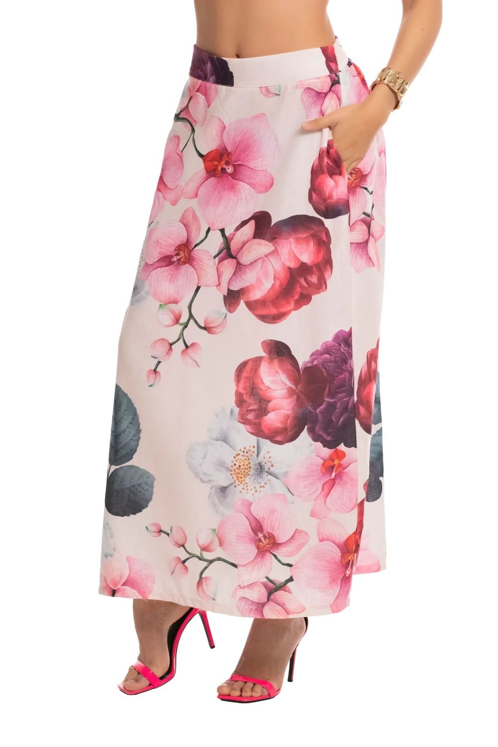 Ryocco Pink Floral Maxi Skirt with Pockets 1 Ryocco Pink Floral Maxi Skirt with Pockets