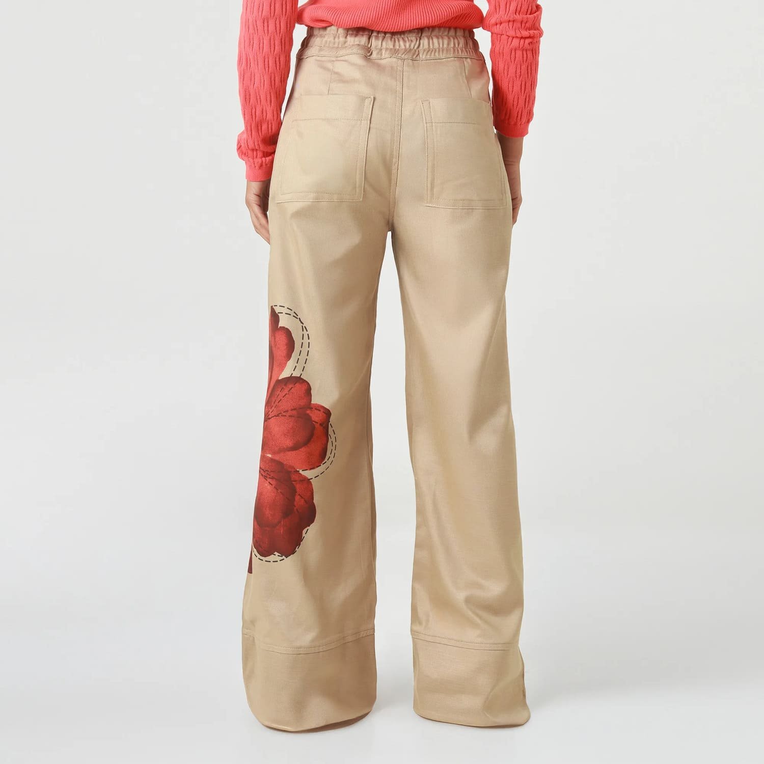 Beige Trousers with Large Red Flower Print 5 Beige Trousers with Large Red Flower Print - Image 5