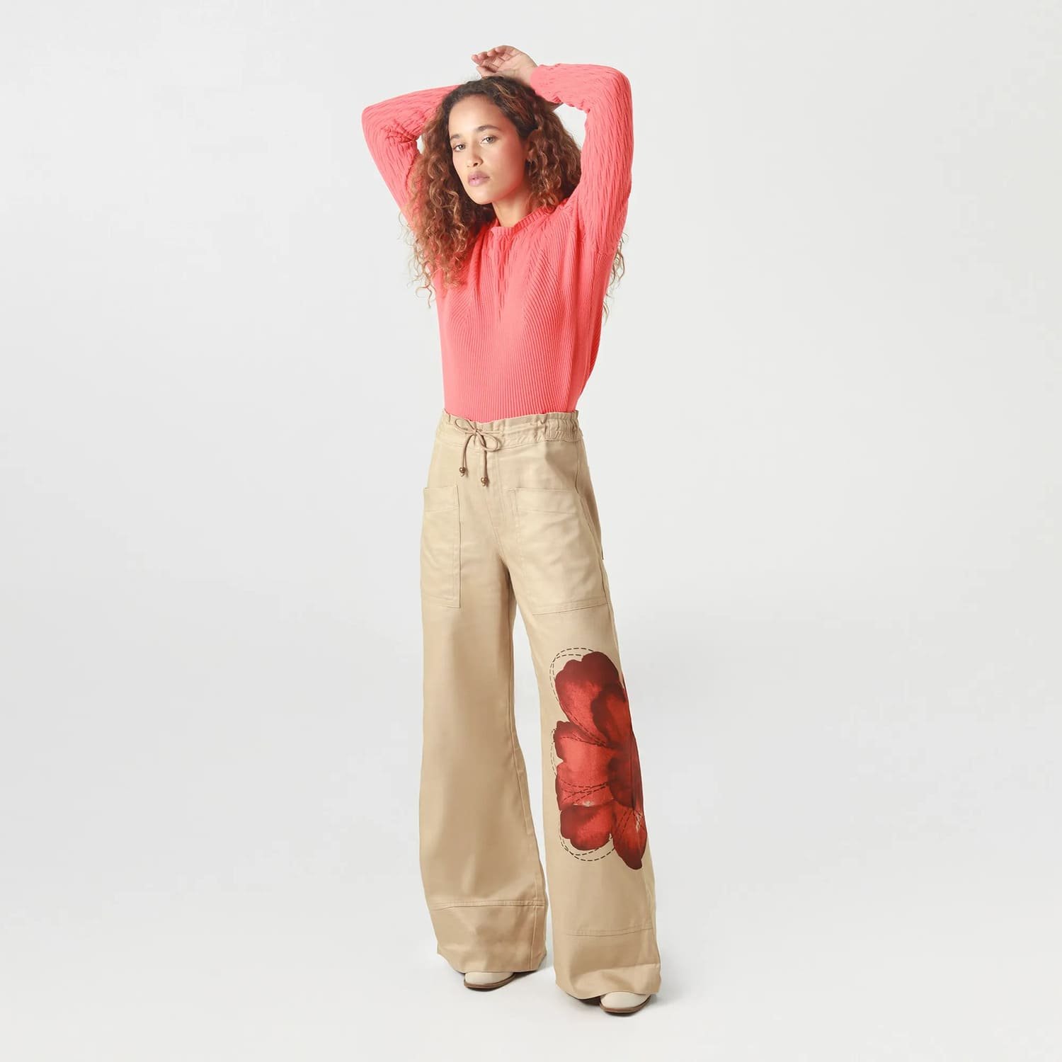 Beige Trousers with Large Red Flower Print 1 Beige Trousers with Large Red Flower Print