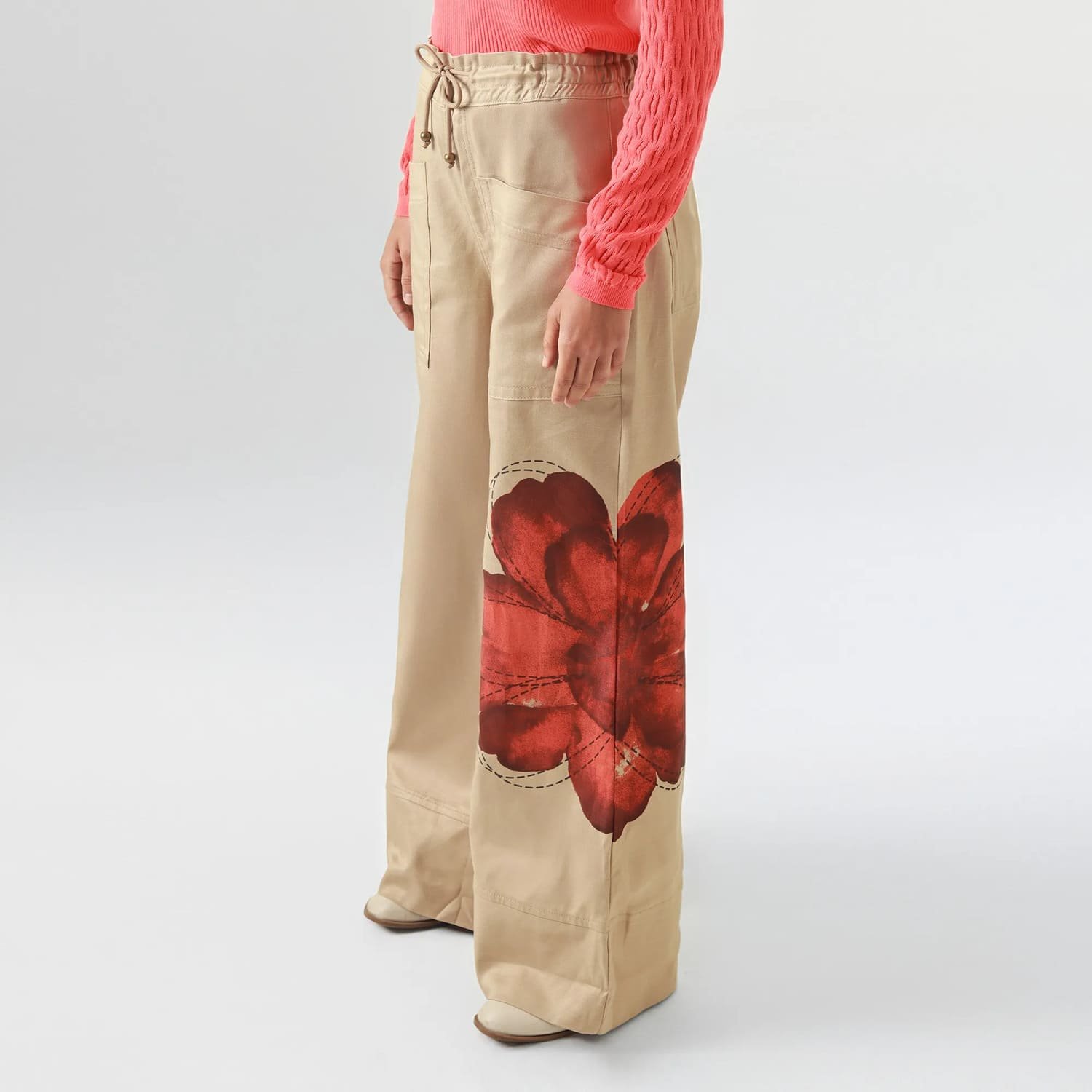 Beige Trousers with Large Red Flower Print 2 Beige Trousers with Large Red Flower Print