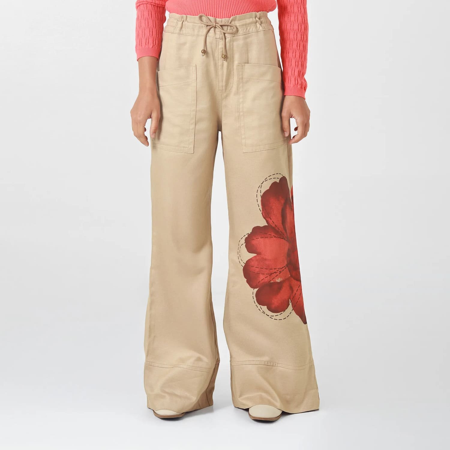 Beige Trousers with Large Red Flower Print 3 Beige Trousers with Large Red Flower Print - Image 3