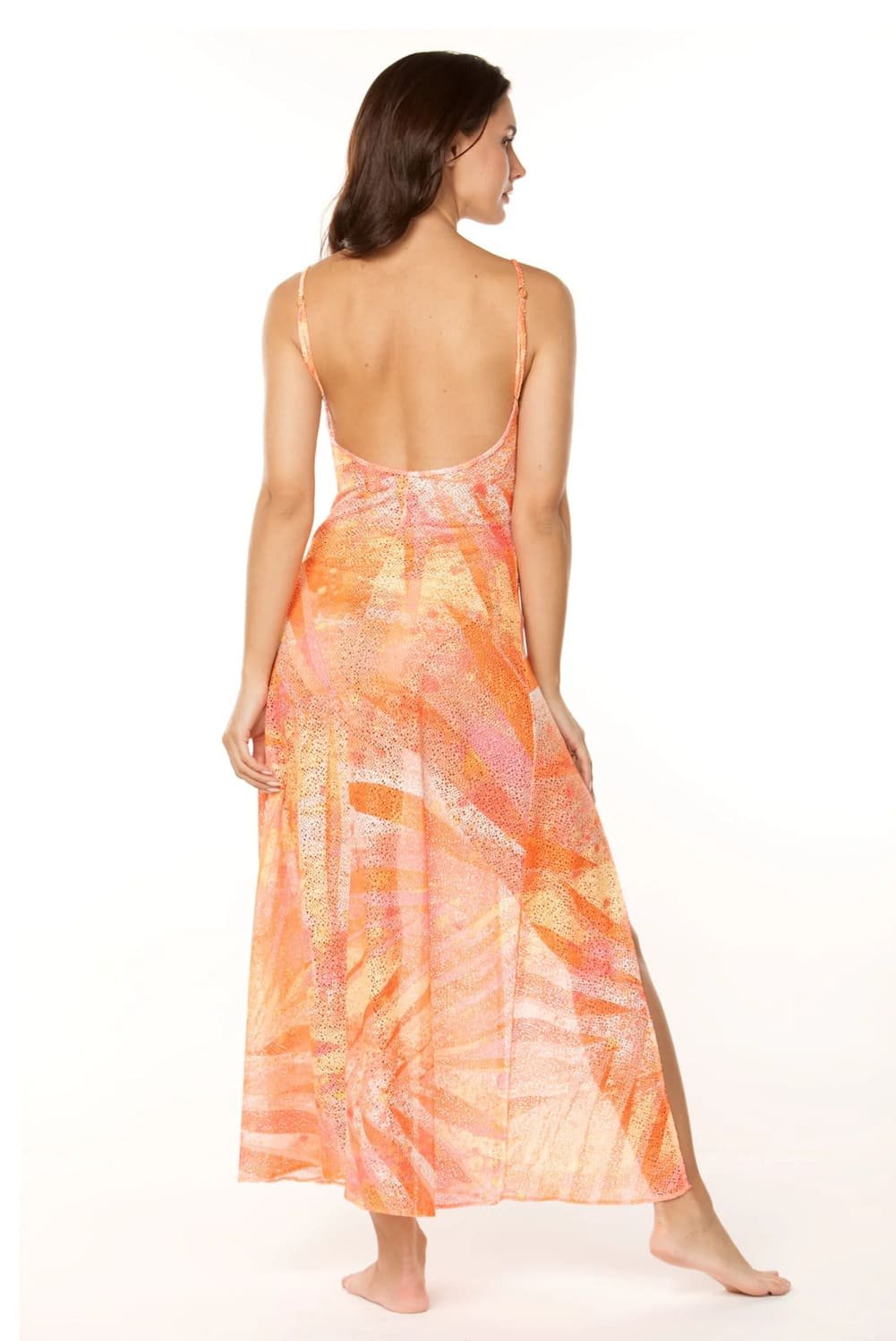 Orange Tropical Mesh High Slit Dress 3 Orange Tropical Mesh High Slit Dress - Image 3